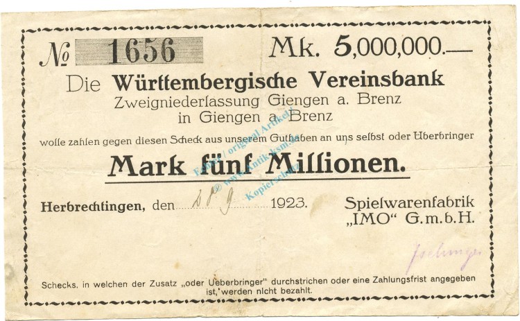 Herbrechtingen , Banknote 5 Millionen Mark gbr. Ke.2325.... WÜR 1923 Inflation -3648-