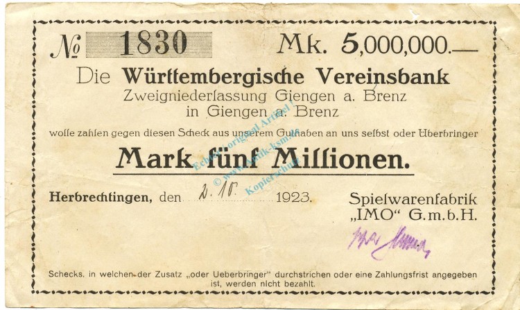 Herbrechtingen , Banknote 5 Millionen Mark gbr.e Ke.2325.... WÜR 1923 Inflation -3649-