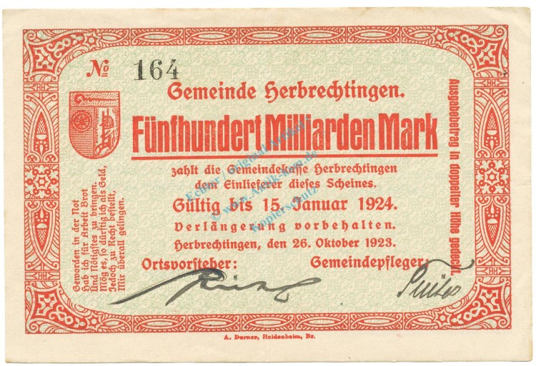 Herbrechtingen , Banknote 500 Millionen Mark L-gbr. Ke.2325.d , WÜR 1923 Inflation -3662-