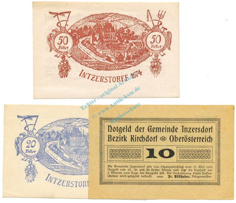 Inzersdorf , Notgeld Set 3 Scheine unc-kfr. K-K.415 , 1920 Ober Österreich -0558-