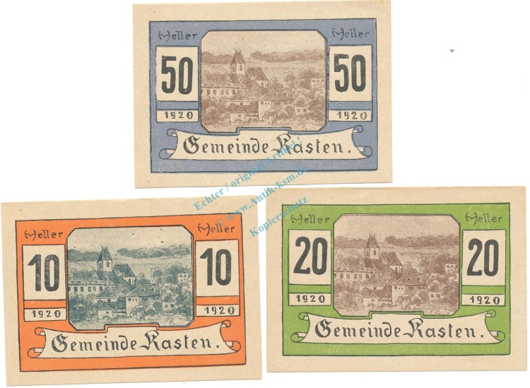 Kasten , Notgeld Set 3 Scheine unc-kfr. K-K.428 , 1920 Nieder Österreich -0553-