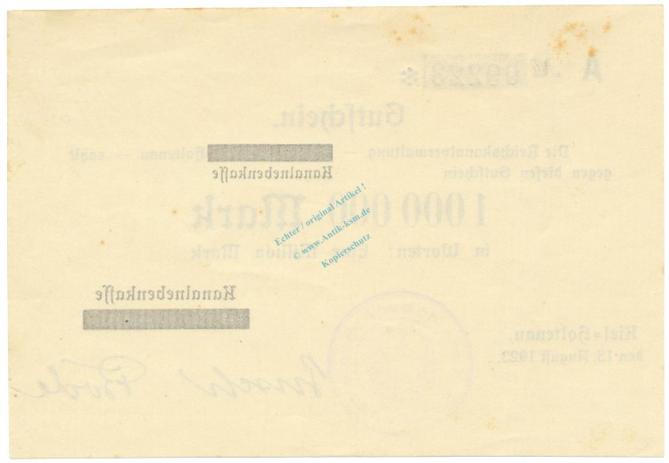 Kiel Holtenau , Banknote 1 Million Mark Schein f-kfr. Ke.2640 , SH 1923 Inflation -3653-