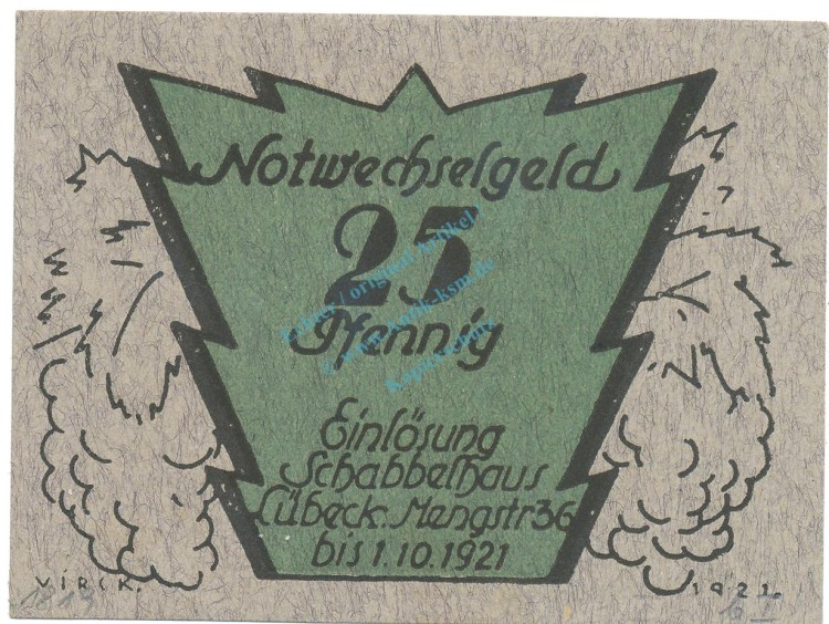 Kiel , Notgeld 25 Pfennig -Fasereinlage- unc-kfr. M-G.830.4 , SH o.D. Seriennotgeld -5852-