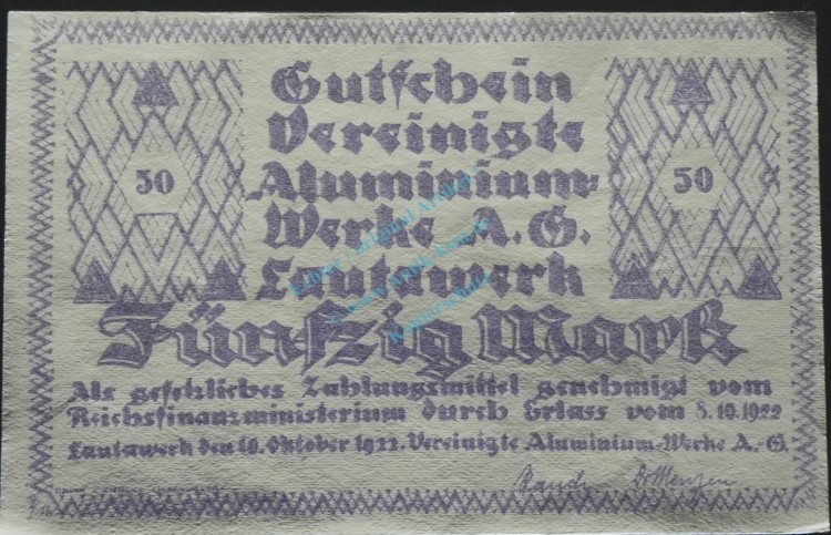 Lautawerk , Banknote 50 Mark -Alu- unc-kfr. Mü.2590.2 , BBG 1922 Großnotgeld -3622-