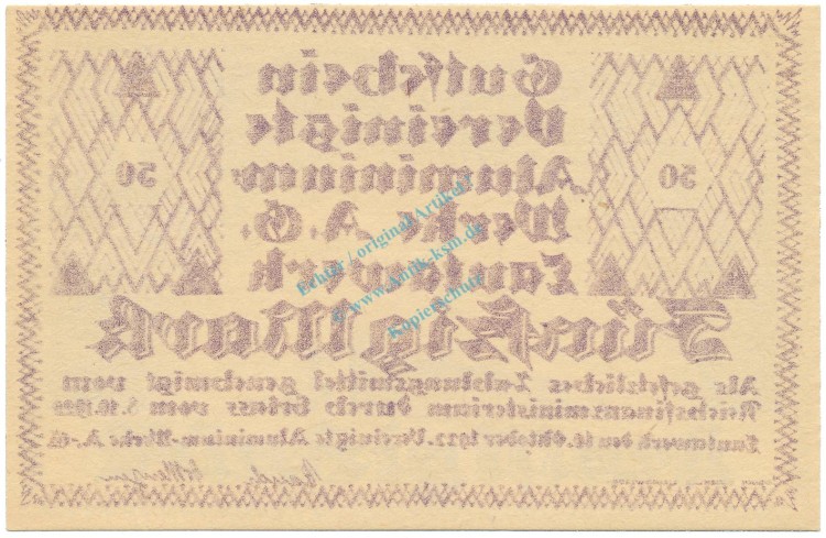 Lautawerk , Banknote 50 Mark -Alu- unc-kfr. Mü.2590.2 , BBG 1922 Großnotgeld -3622-