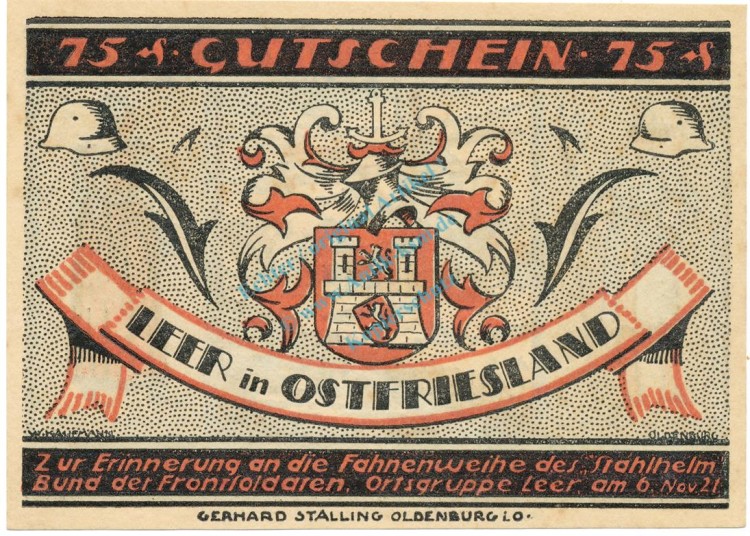 Leer , Notgeld 75 Pfennig Schein -2- unc-kfr. M-G.781.1 NDS 1921 Seriennotgeld -1715-