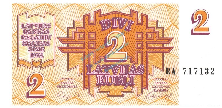 Lettland Banknote 2 Rubli Schein unc-kfr. 1992 -Latvijas Republika- WPM.36 -0388-