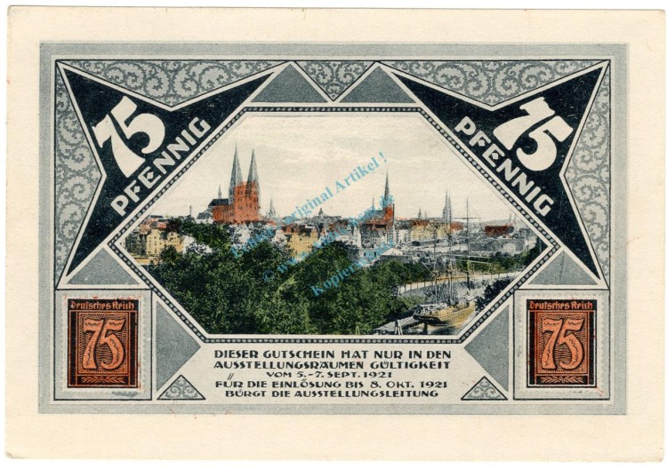 Lübeck , Notgeld 75 Pfennig Schein Nr.5 unc-kfr. M-G.826.17 , SH 1921 Seriennotgeld -5867-