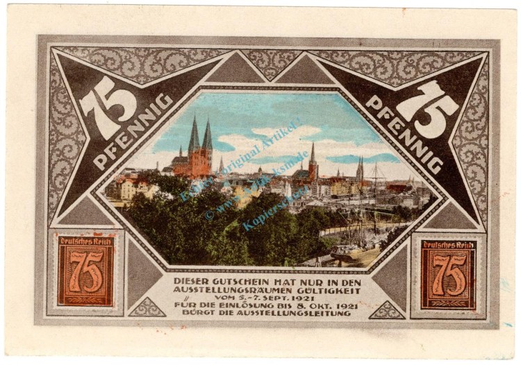 Lübeck , Notgeld 75 Pfennig Schein Nr.6 unc-kfr. M-G.826.19 , SH 1921 Seriennotgeld -5864-