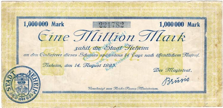 Neheim , Banknote 1 Million Mark Schein gbr. Keller.3742 , NRW 1923 Inflation -3686-