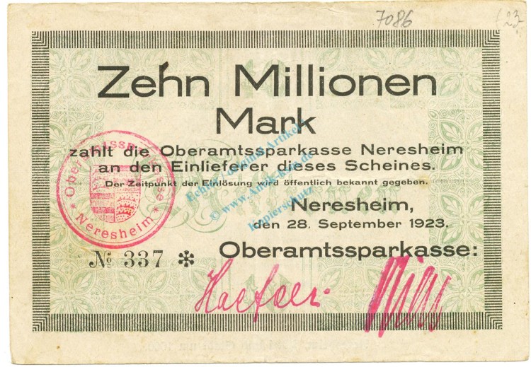 Neresheim , Banknote 10 Millionen Mark Schein gbr. Ke.3758.a , WÜR 1923 Inflation -3677-