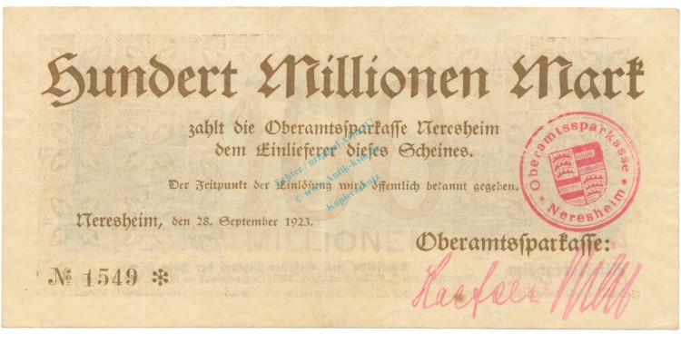 Neresheim , Banknote 100 Millionen Mark Schein L-gbr. Ke.3758.b , WÜR 1923 Inflation -3678-