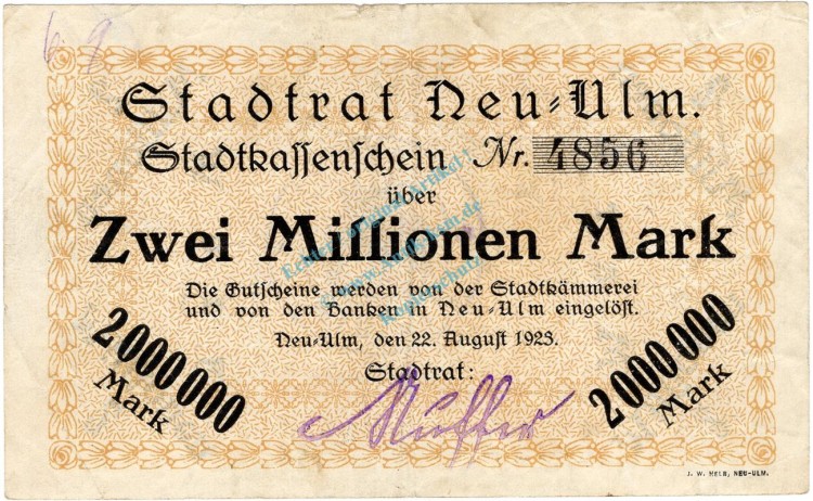 Neu Ulm , Banknote 2 Millionen Mark Schein gbr. Ke.3898.a , BAY 1923 Inflation -3701-