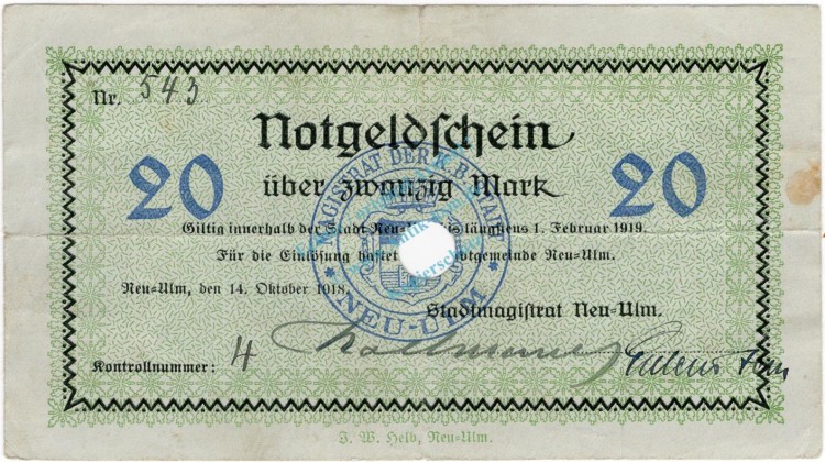 Neu Ulm , Banknote 20 Mark Schein entw. Ge.383.03 , BAY 1918 Grossnotgeld -3707-