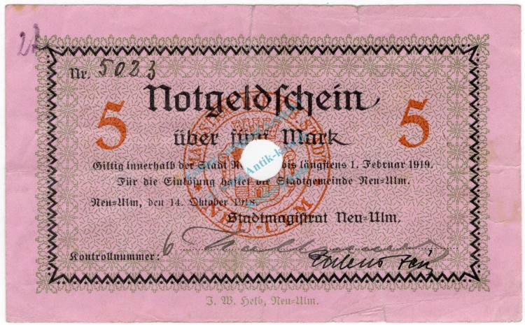Neu Ulm , Banknote 5 Mark Schein entw. Ge.383.01 , BAY 1918 Grossnotgeld -3706-