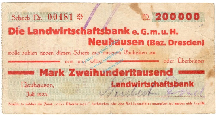 Neuhausen , Banknote 200.000 Mark Scheck gbr-. Ke.3799 , S 1923 Inflation -3704-