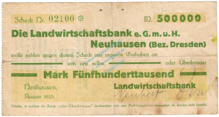 Neuhausen , Banknote 500.000 Mark Scheck gbr-. Ke.3799 , S 1923 Inflation -3705-