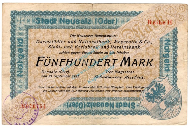 Neusalz , Banknote 500 Mark Schein gbr-. Mü.3265 , SLN 1922 Inflation -3695-