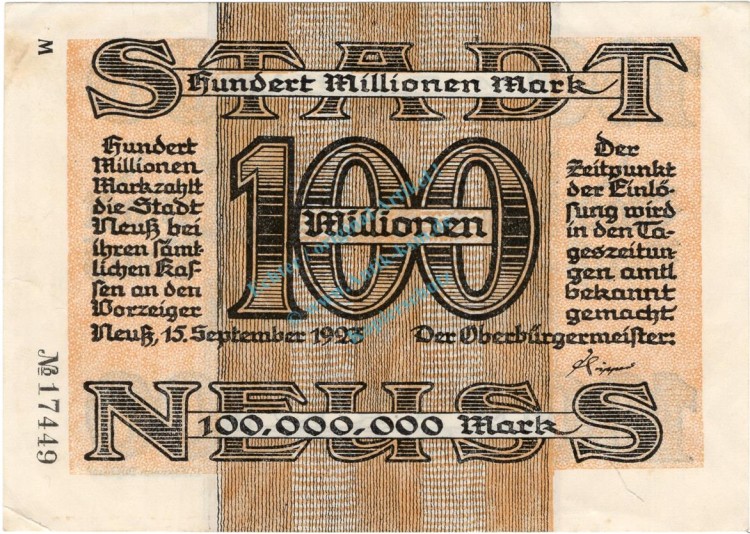 Neuss , Banknote 100 Millionen Mark Schein unc-kfr. Ke.3840.L , RHL 1923 Inflation -3711-
