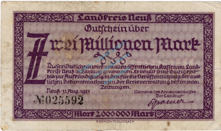 Neuss , Banknote 2 Millionen Mark Schein gbr. Ke.3850.e , RHL 1923 Inflation -3712-