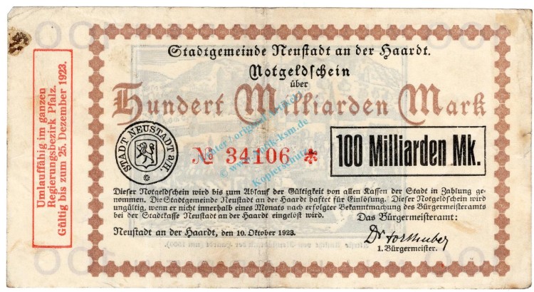 Neustadt , Banknote 100 Milliarden Mark Schein gbr. Ke.3858.b , PFA 1923 Inflation -3692-