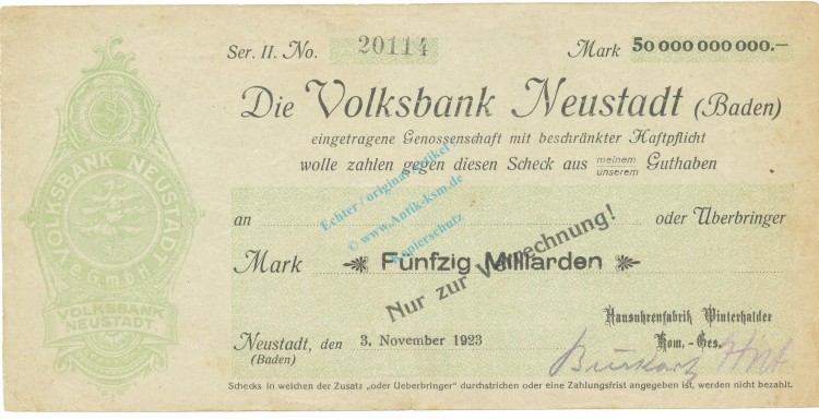 Neustadt , Banknote 50 Milliarden Mark Scheck gbr. Ke.3885.e , BAD 1923 Inflation -3681-