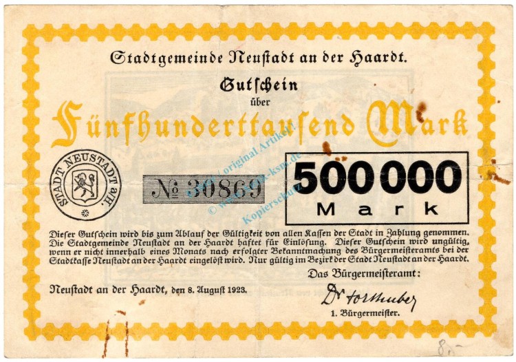 Neustadt , Banknote 500.000 Mark Schein gbr. Ke.3858.a , PFA 1923 Inflation -3693-