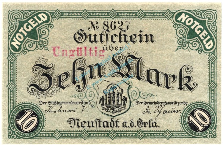 Neustadt Orla , Banknote 10 Mark Schein , Geiger 379.02 , TH 1918 Grossnotgeld -3688-