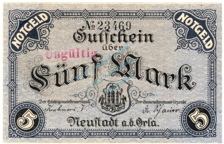 Neustadt Orla , Banknote 5 Mark Schein , Geiger 379.01 , TH 1918 Grossnotgeld -3687-