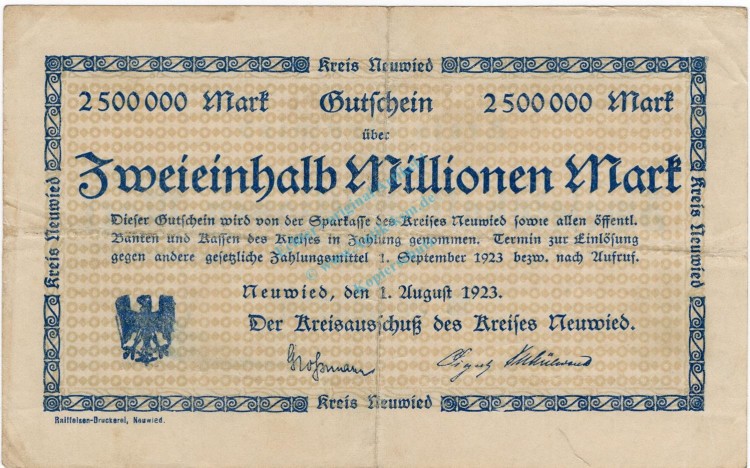 Neuwied , Banknote 2,5 Millionen Mark Schein gbr. Ke.3903.u , RHL 1923 Inflation -3719-