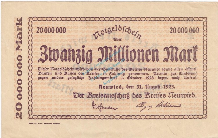 Neuwied , Banknote 20 Millionen Mark Schein unc-kfr-. Ke.3903... RHL 1923 Inflation -3721-