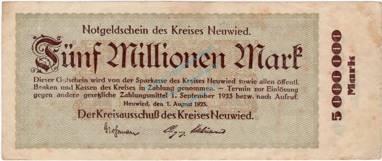 Neuwied , Banknote 5 Millionen Mark Schein gbr. Ke.3903.g , RHL 1923 Inflation -3718-