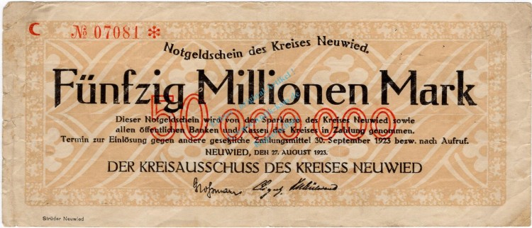 Neuwied , Banknote 50 Millionen Mark Schein gbr-. Ke.3903.z , RHL 1923 Inflation -3720-