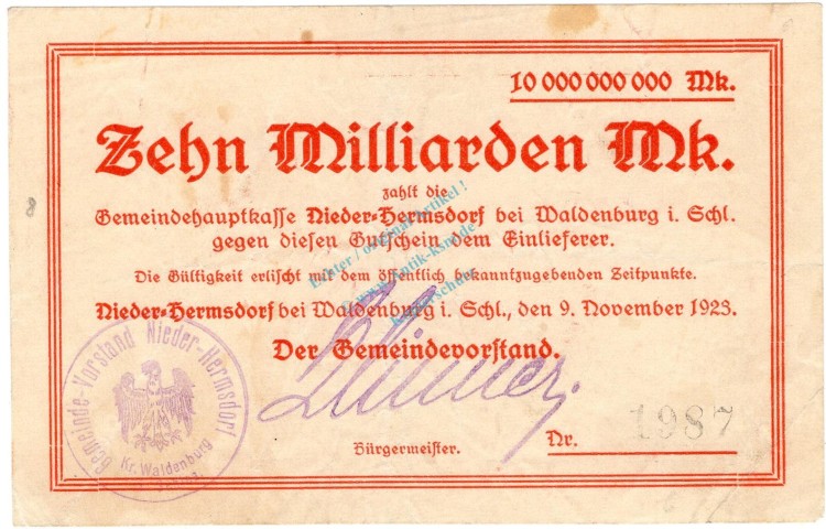 Nieder Hermsdorf , Banknote 10 Milliarden Mark Schein gbr. Ke.3913 , SLN 1923 Inflation -3696-