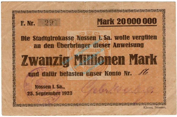 Nossen , Banknote 20 Millionen Mark Scheck gbr. Ke.3966.i , S 1923 Inflation -3702-