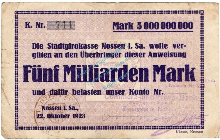 Nossen , Banknote 5 Milliarden Mark Scheck gbr. Ke.3966.m , S 1923 Inflation -3702-