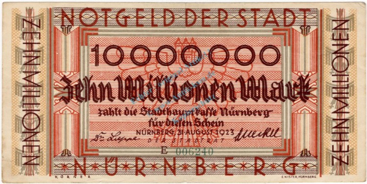 Nürnberg , Banknote 10 Millionen Mark Schein gbr. Ke.3970.d , BAY 1923 Inflation -3716-