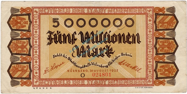 Nürnberg , Banknote 5 Millionen Mark Schein gbr. Ke.3970.d , BAY 1923 Inflation -3715-