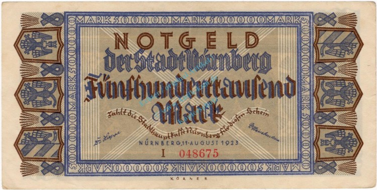 Nürnberg , Banknote 500.000 Mark Schein L-gbr. Ke.3970.b , BAY 1923 Inflation -3714-