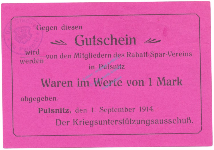 Pulsnitz , Notgeld 1 Mark Schein unc-kfr. Bühn.6078.3 , Notgeld 1914-15 -4322-