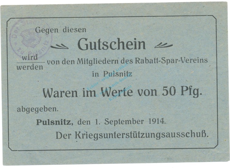 Pulsnitz , Notgeld 50 Pfennig Schein unc-kfr. Bühn.6078.2 , Notgeld 1914-15 -4321-