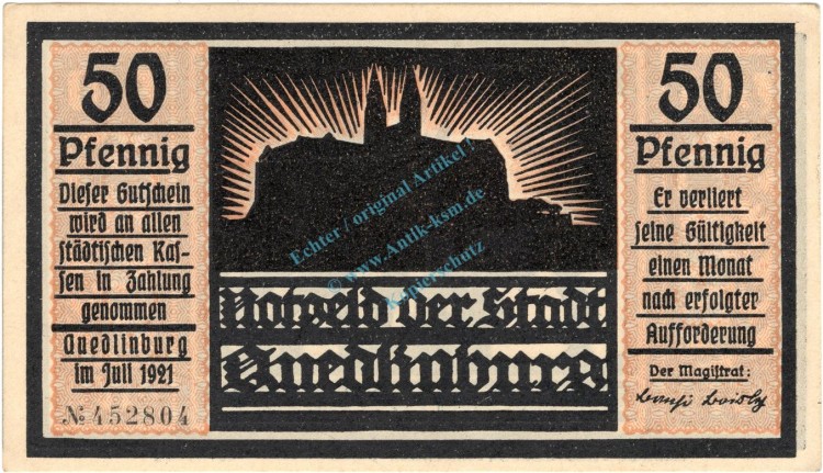 Quedlinburg , Notgeld 50 Pfennig Nr.4 -orange- unc-kfr. M-G.1087.4 , SA 1921 Seriennotgeld -5872-