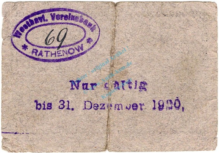 Rathenow , Notgeld 1 Pfennig Schein gbr. Ti.5915.15.01 BBG 1917 Verkehrsausgabe -4324-