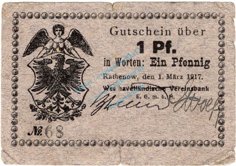 Rathenow , Notgeld 1 Pfennig Schein gbr. Ti.5915.15.01 BBG 1917 Verkehrsausgabe -4324-