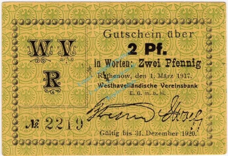 Rathenow , Notgeld 2 Pfennig Schein unc-kfr. Ti.5915.15.16 BBG 1917 Verkehrsausgabe -4326-