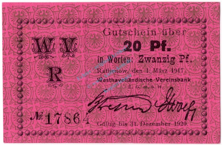 Rathenow , Notgeld 20 Pfennig Schein F-kfr. Ti.5915.15.19 BBG 1917 Verkehrsausgabe -4329-