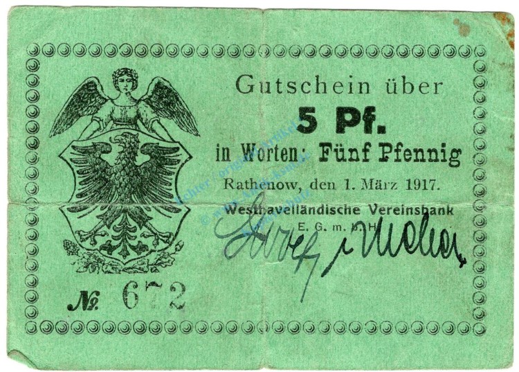 Rathenow , Notgeld 5 Pfennig Schein gbr. Ti.5915.15.03 BBG 1917 Verkehrsausgabe -4325-