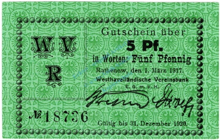 Rathenow , Notgeld 5 Pfennig Schein unc-kfr. Ti.5915.15.17 BBG 1917 Verkehrsausgabe -4327-