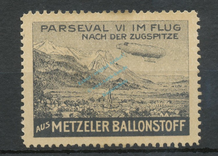 Reklamemarke Metzeler Ballonstoff -Parseval VI Flug n.d. Zugspitze- unc-kfr -0086-