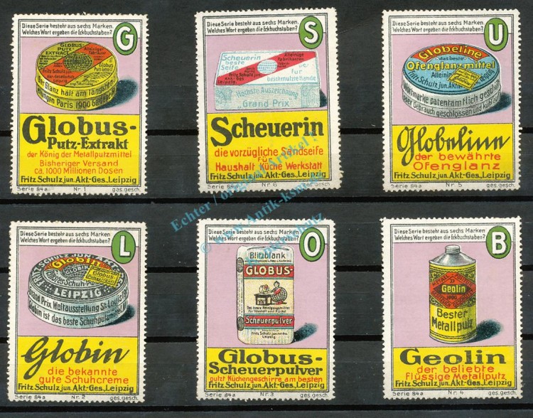 Reklamemarken -Leipzig- 6 Stück -Fritz Schulz jun. Globus usw.- unc-kfr. -0105-